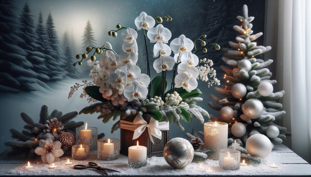 Орхидеи в букетах: зимняя магия — белый, ель, свечи