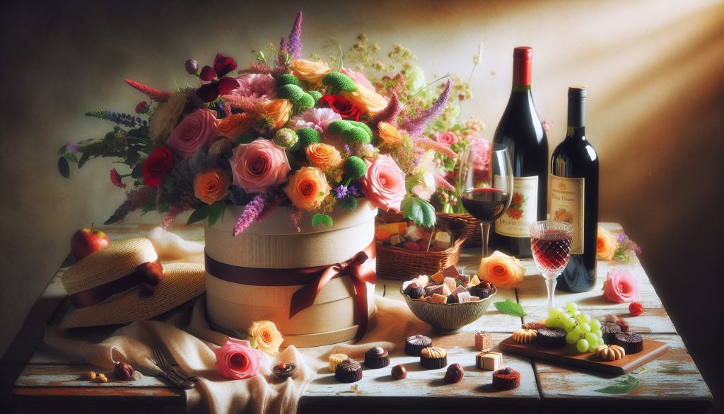 Букеты в шляпной коробке: подарочные наборы — цветы + вино/сладости
